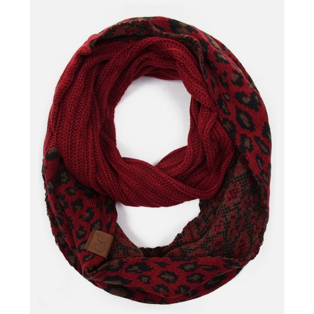 CC Exclusives‎ Women's Burgundy Leopard Print Cable Knit Infinity Scarf